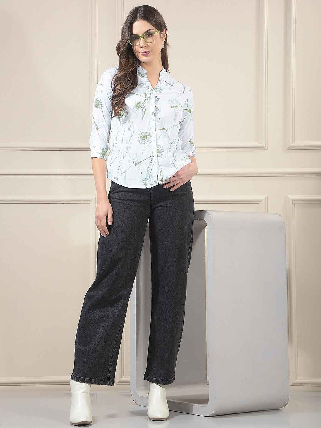 Green Floral Print V-Neck Linen Shirt