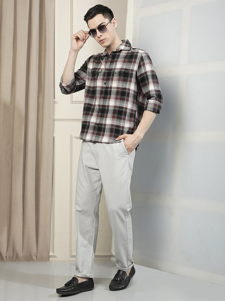 Purple Checked 100% Cotton Double Pocket Shirt