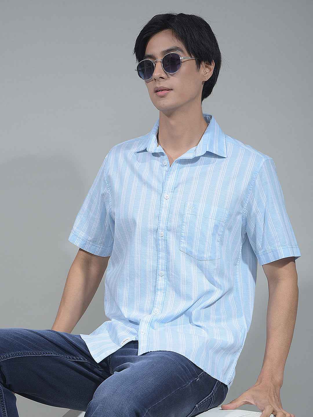 Blue Vertical Striped 100% Cotton Shirt