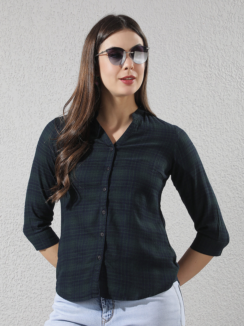 Green Checked V-Neck Shirt