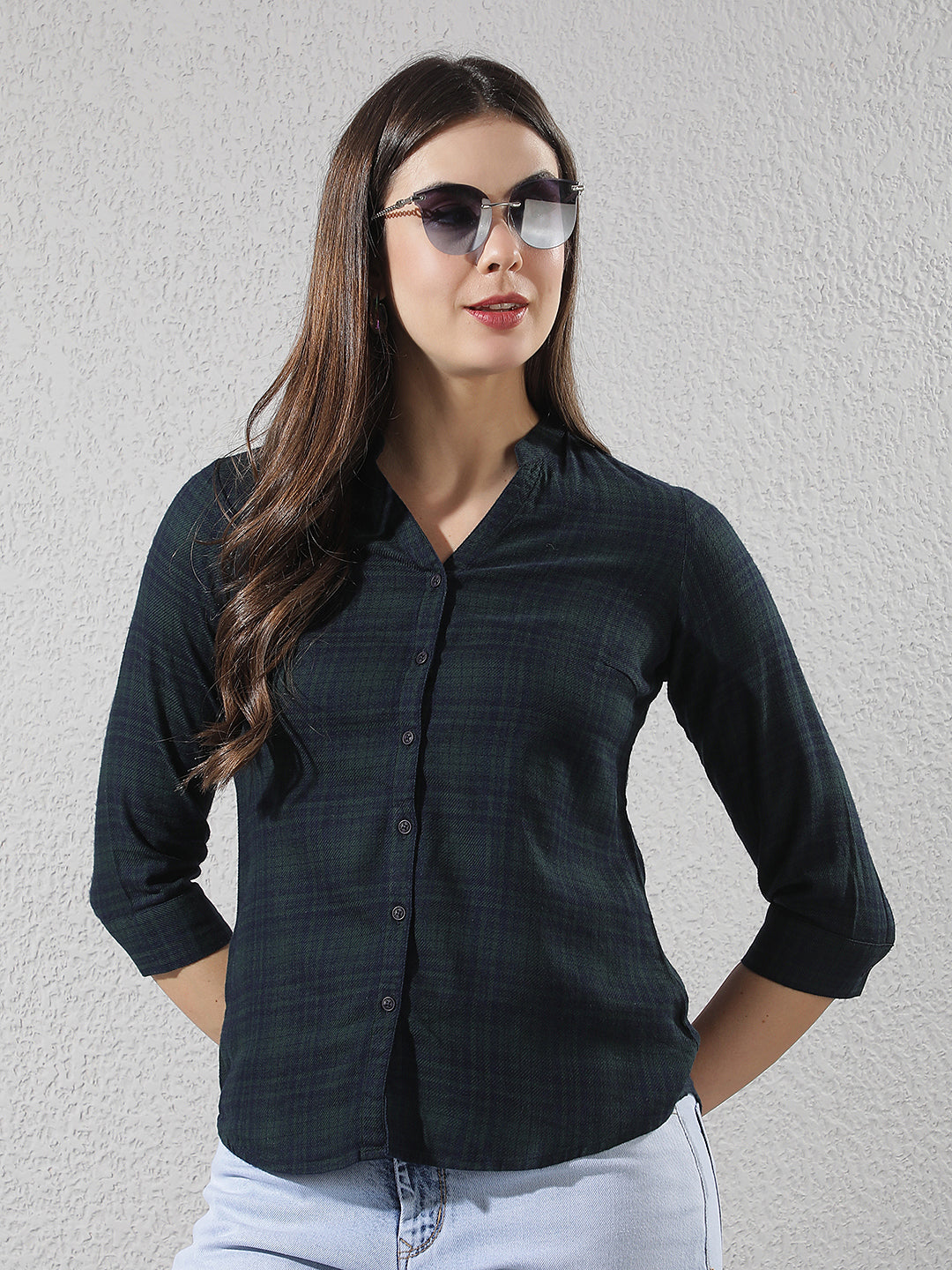 Green Checked V-Neck Shirt