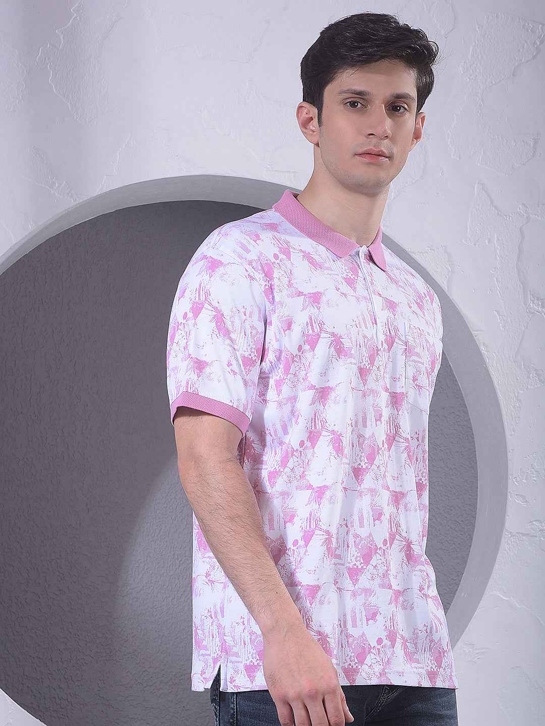 Pink Printed Polo Neck 100% Cotton T-Shirt