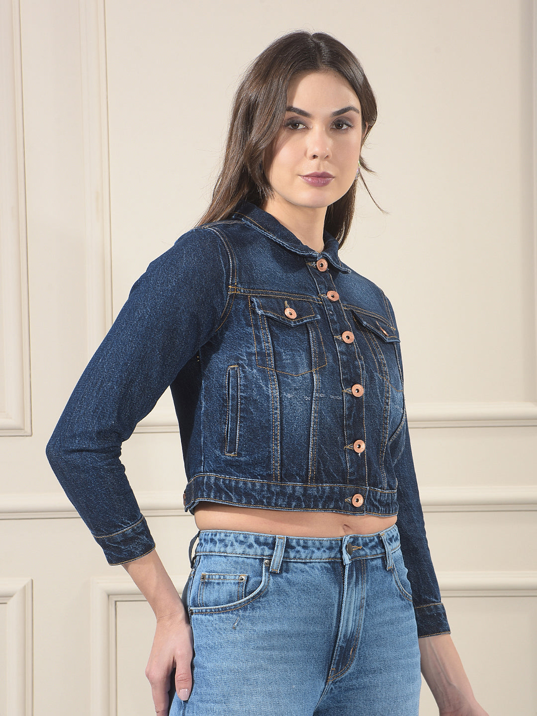Blue 100% cotton Crop Denim Jacket