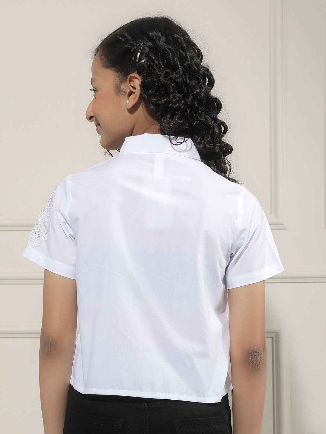 White Embroidered Cropped 100% Cotton Shirt