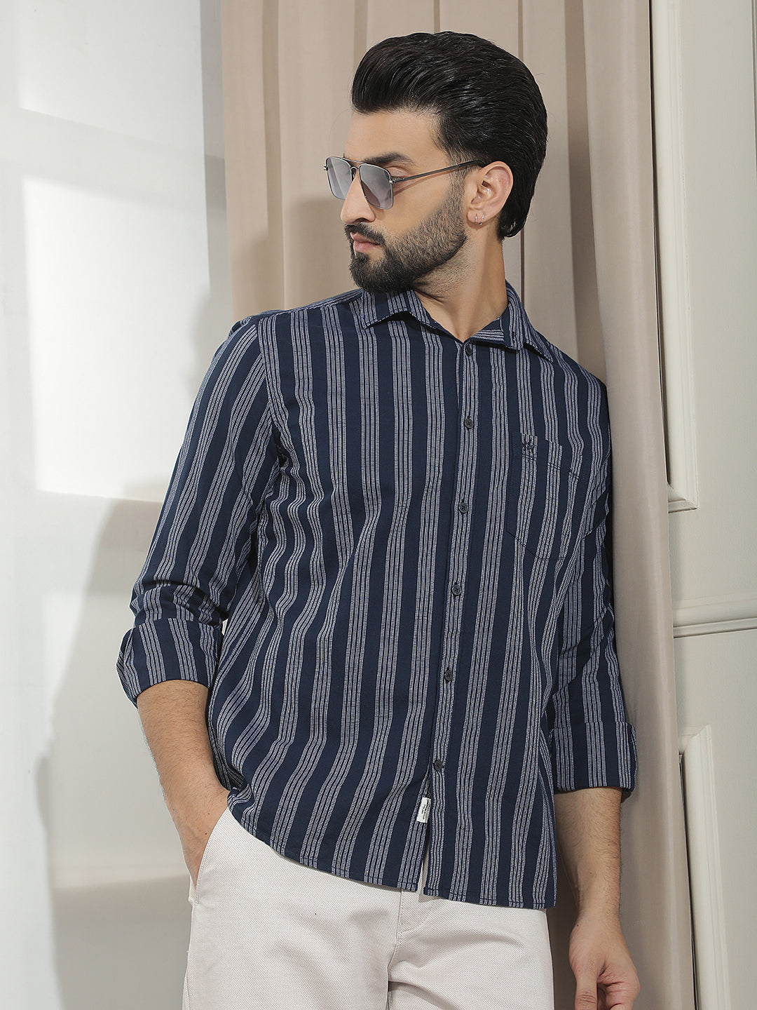 Navy Blue 100% Cotton Verical Stripes Shirt