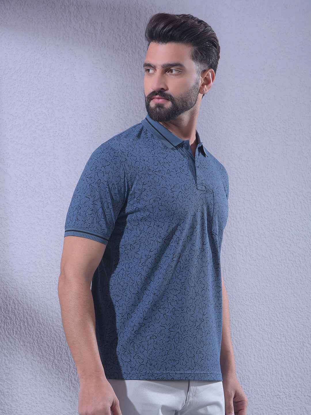 Navy Blue Floral Print Polo Neck T-Shirt