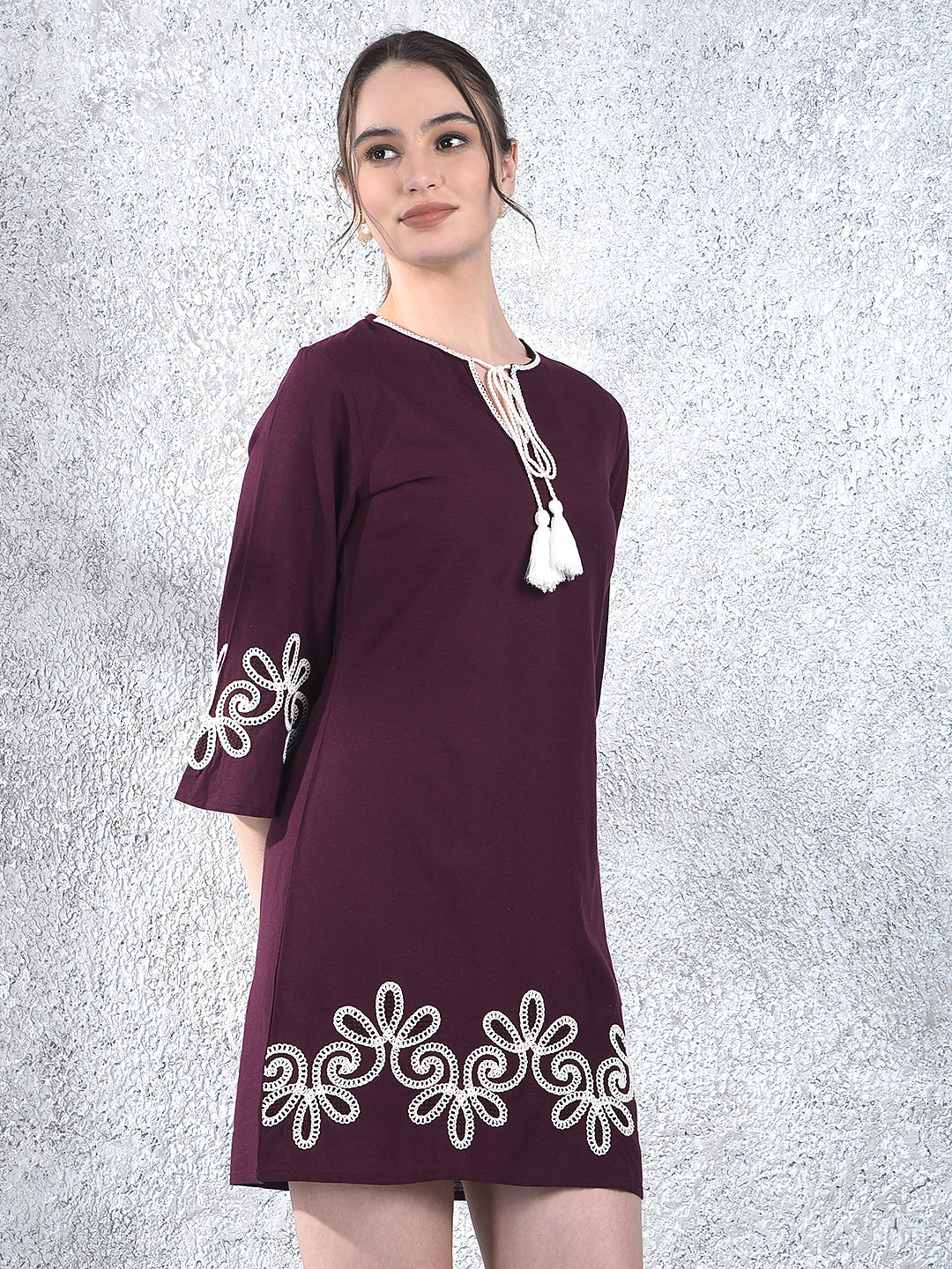 Wine Embroidered Mini Dress
