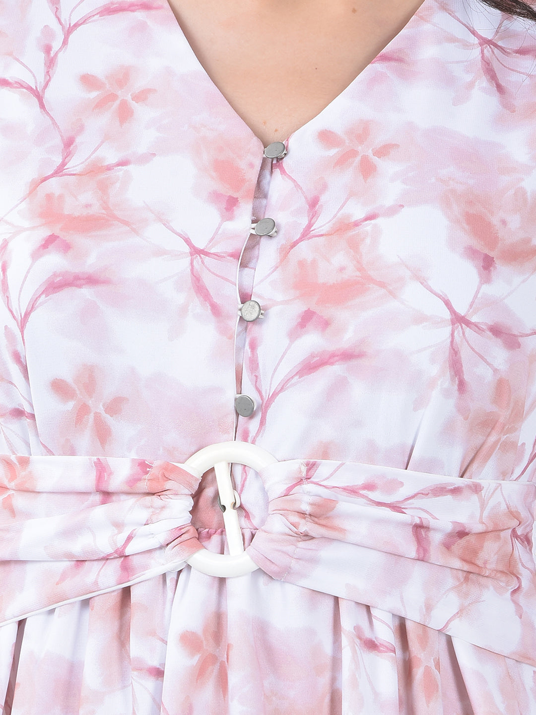 Peach Floral Print V-Neck A-Line Dress-Women Dress-Crimsoune Club