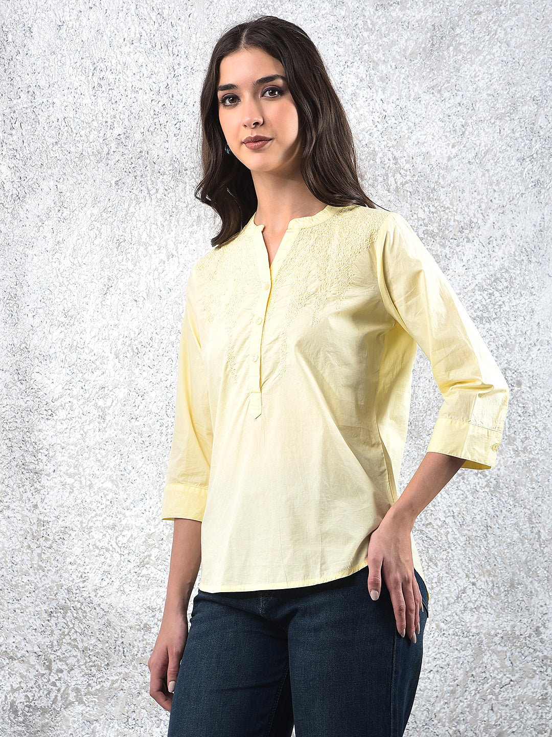 Yellow Embroidered V-Neck 100% Cotton Top