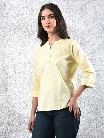 Yellow Embroidered V-Neck 100% Cotton Top