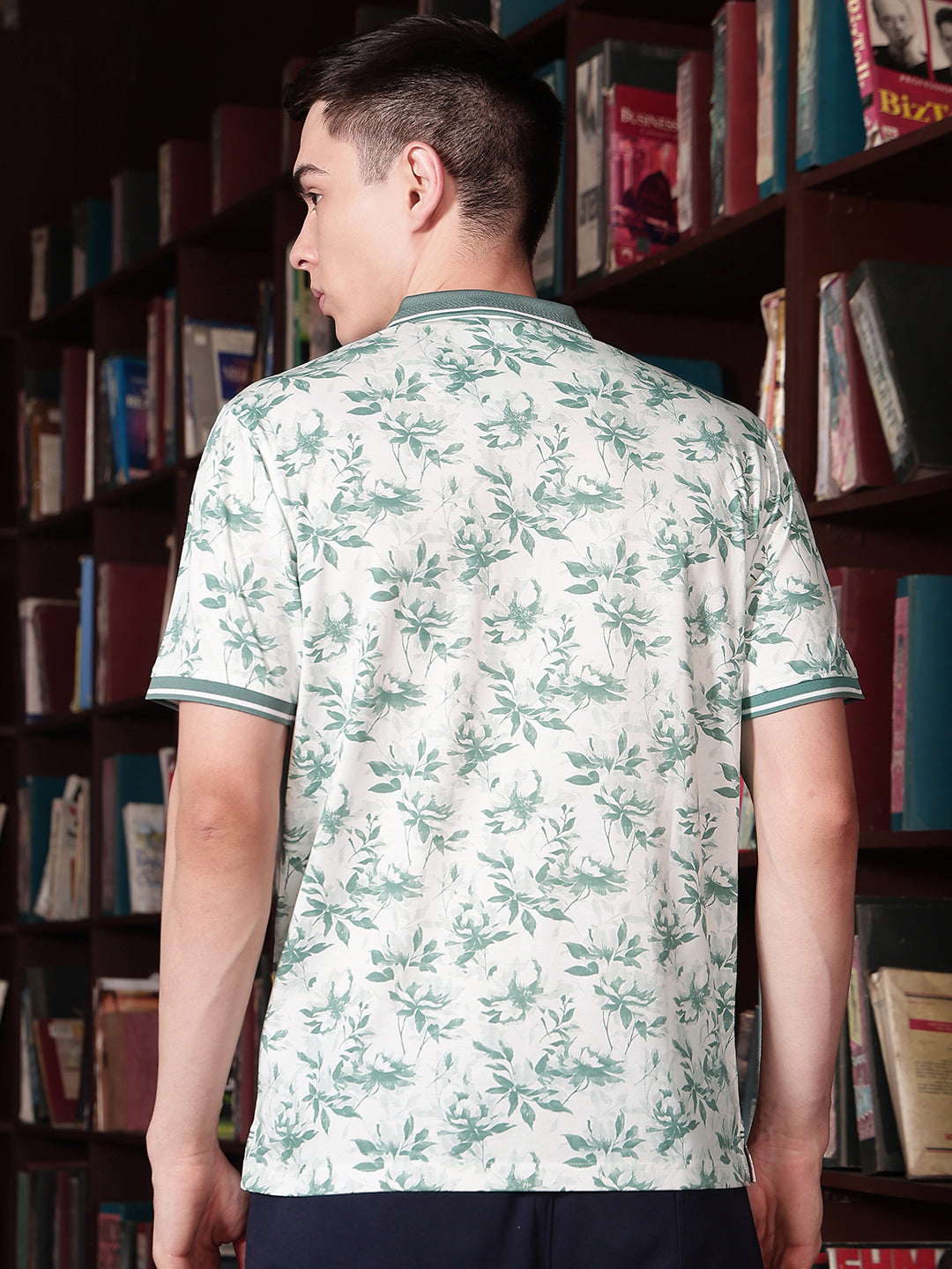 Green Floral Print Polo Neck T-Shirt