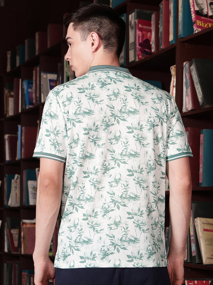 Green Floral Print Polo Neck T-Shirt