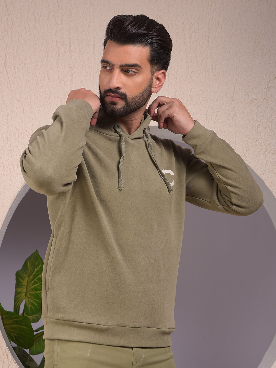 Olive Typographic Print Hooded Neck Sweatshirt