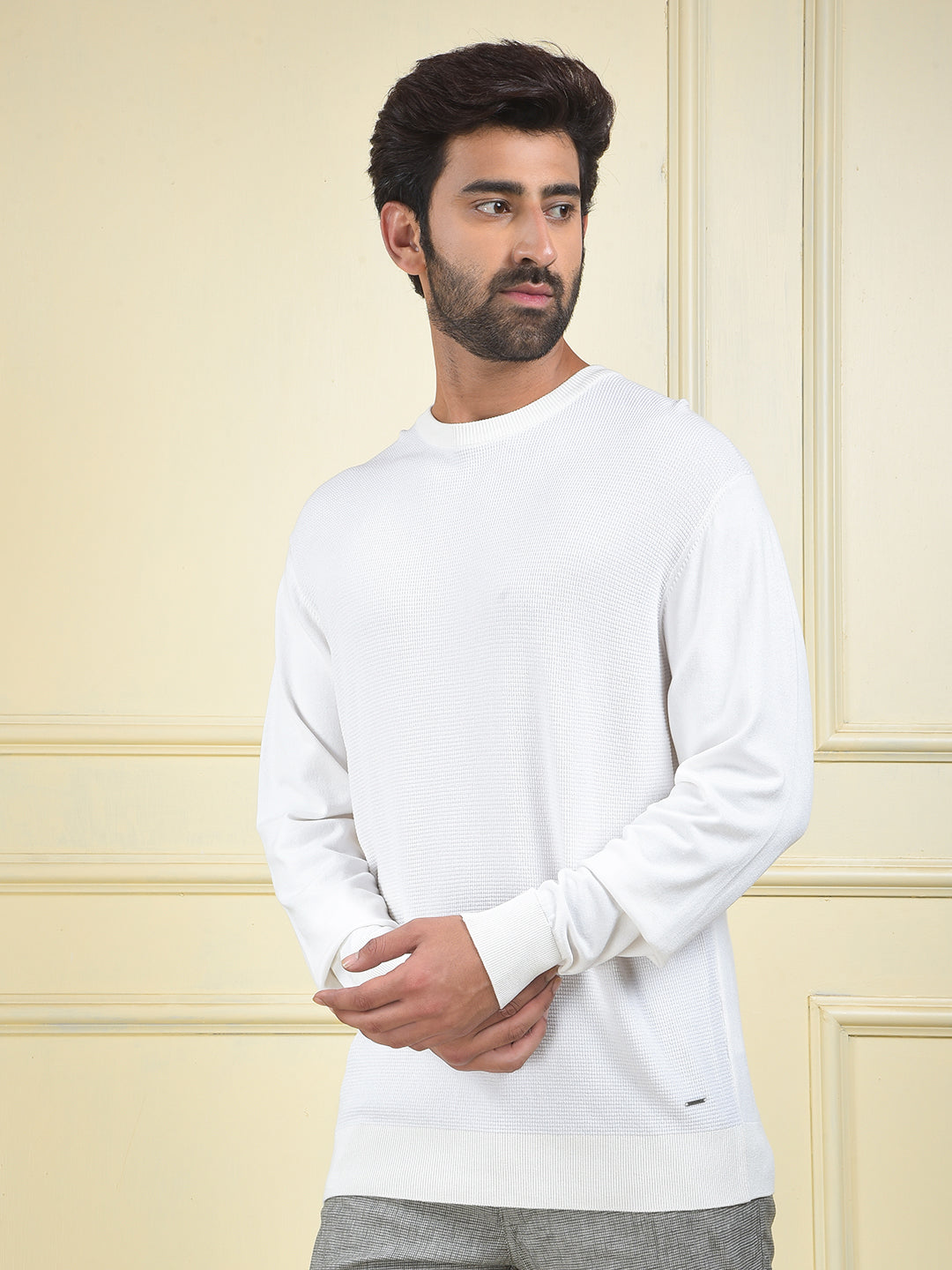Slim Fit White Jacquard Sweater
