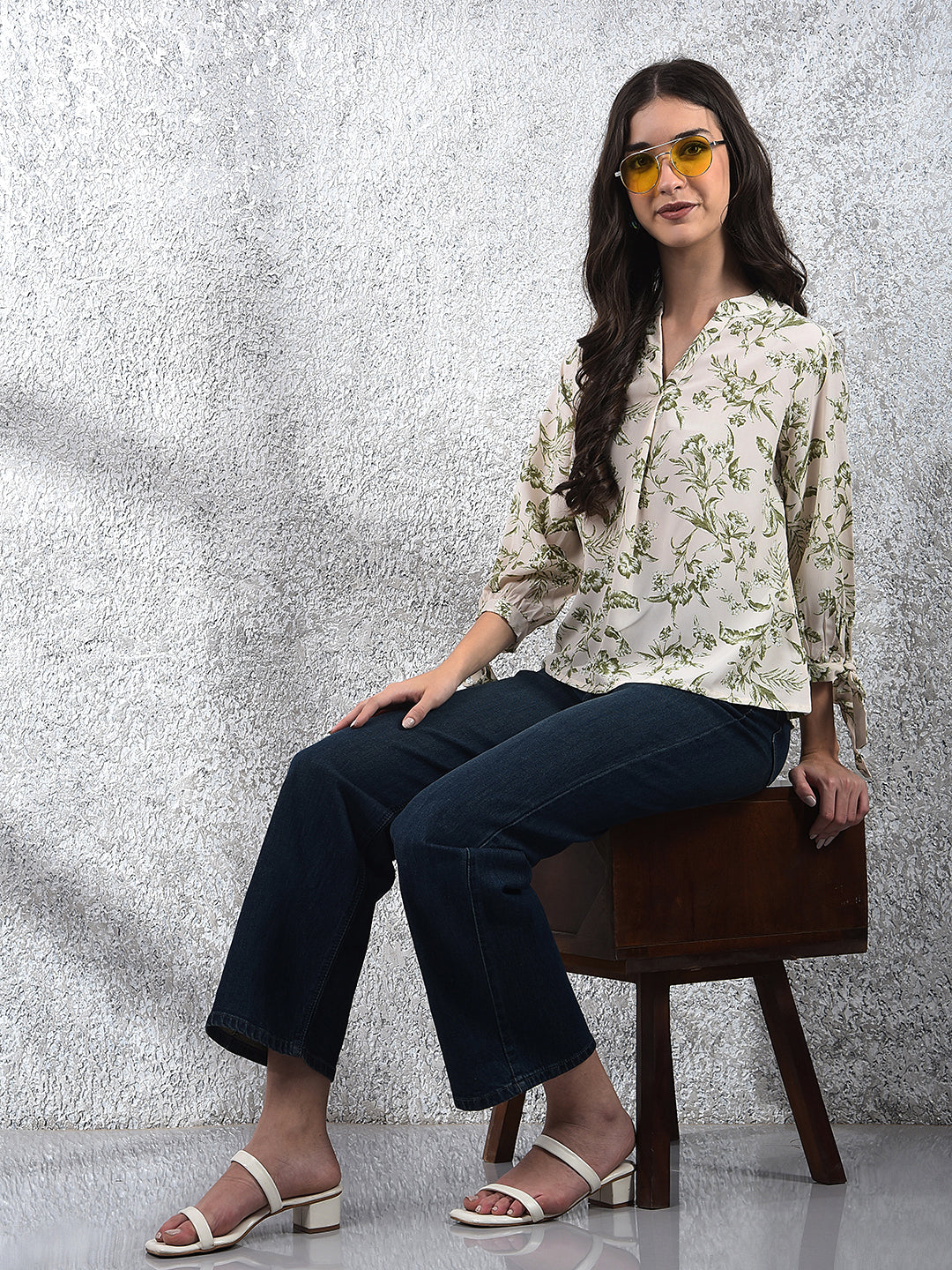 Green Floral Print V-Neck Top