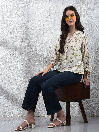 Green Floral Print V-Neck Top
