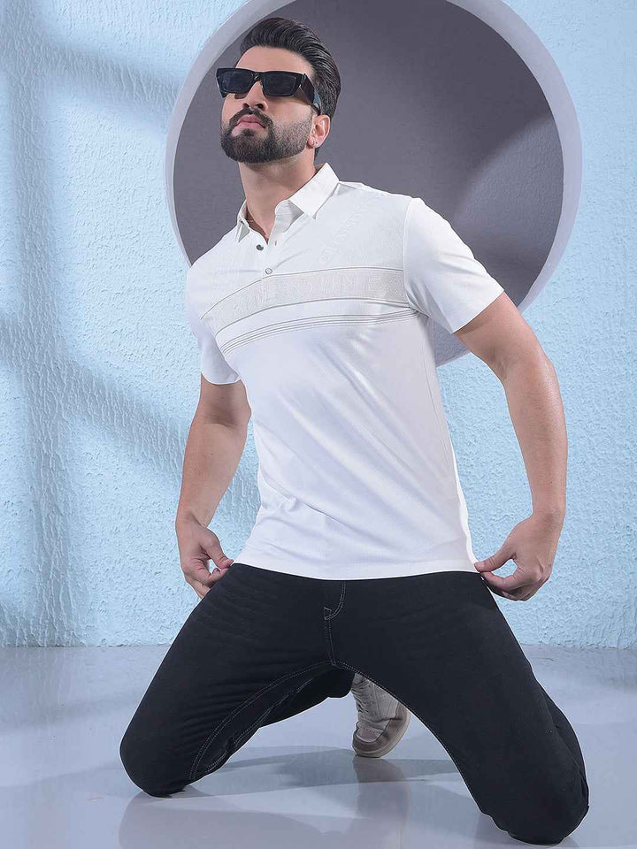 White Typographic Print Polo Neck T-Shirt