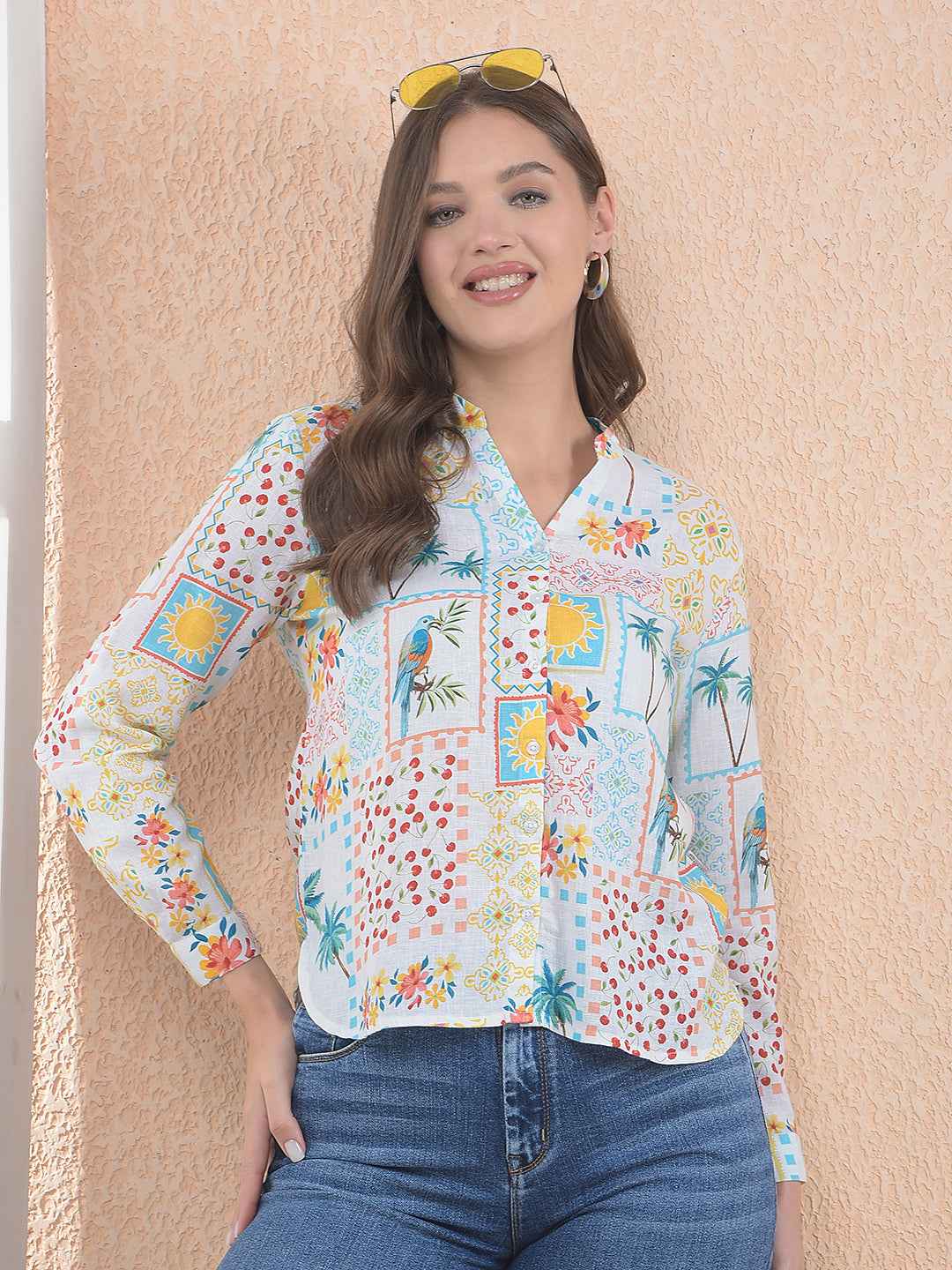 White Floral Print Linen Shirt