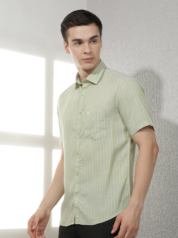 Green Vertical Striped Linen Shirt