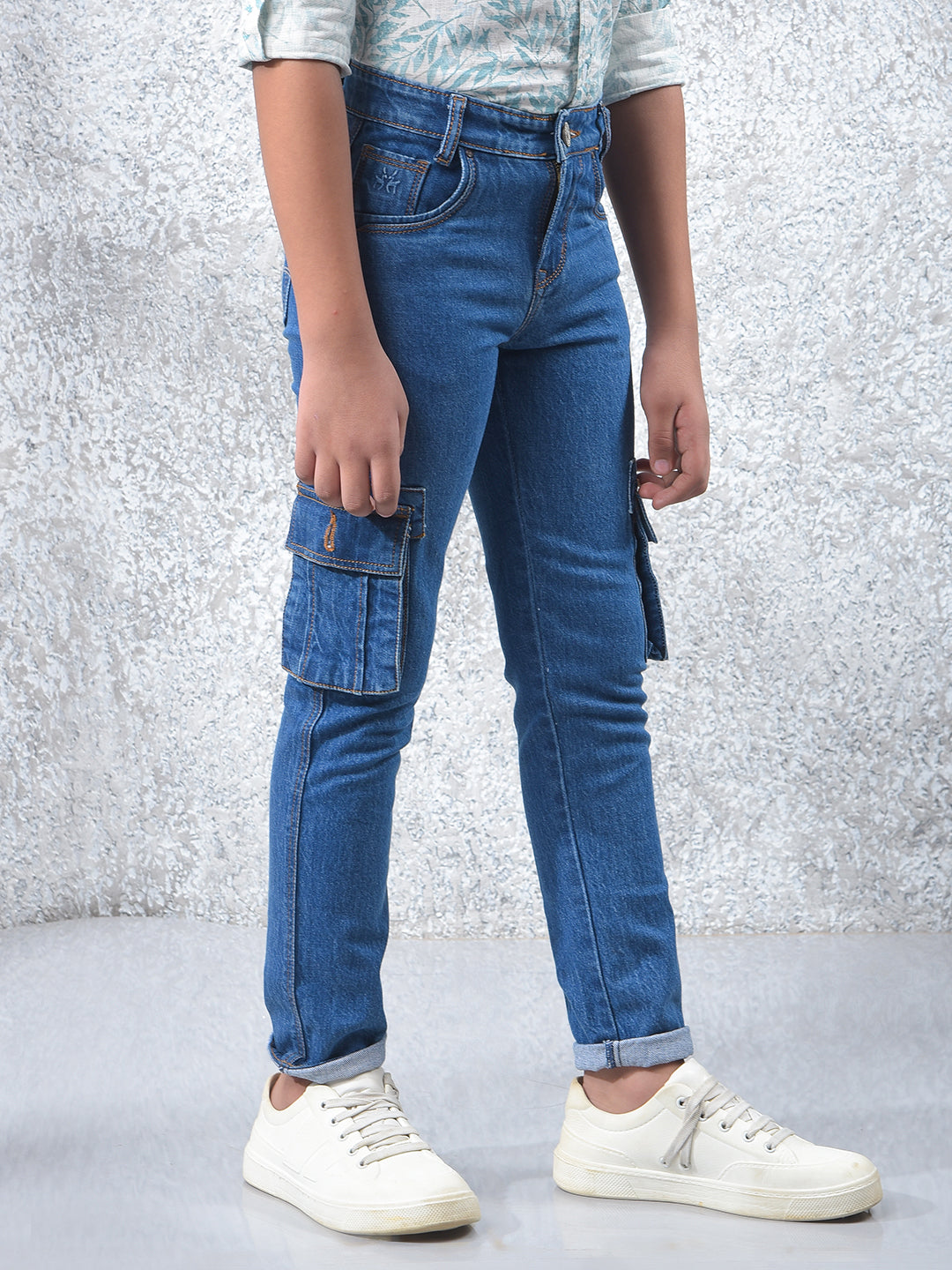 Blue 100% Cotton Straight Cargo Jeans