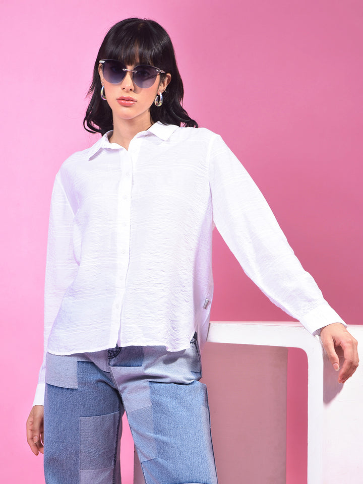 White Horizontal Stripes Shirt-Women Shirts-Crimsoune Club