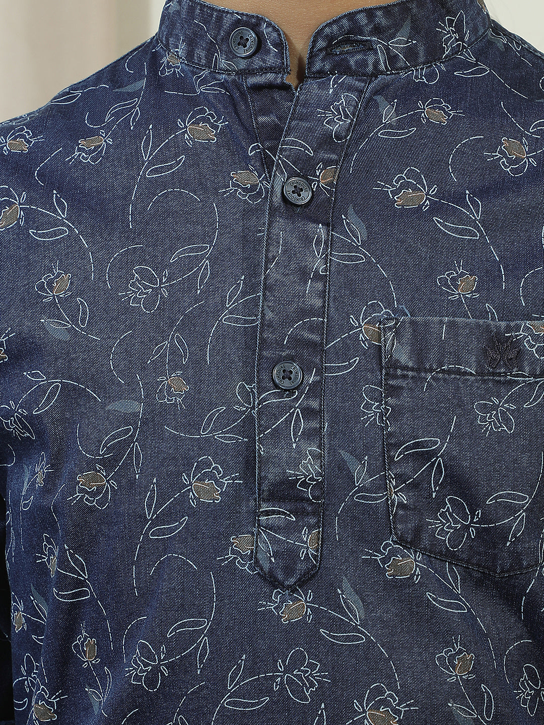 Navy Blue 100% Cotton Graphic Print Mandarin Neck Kurta