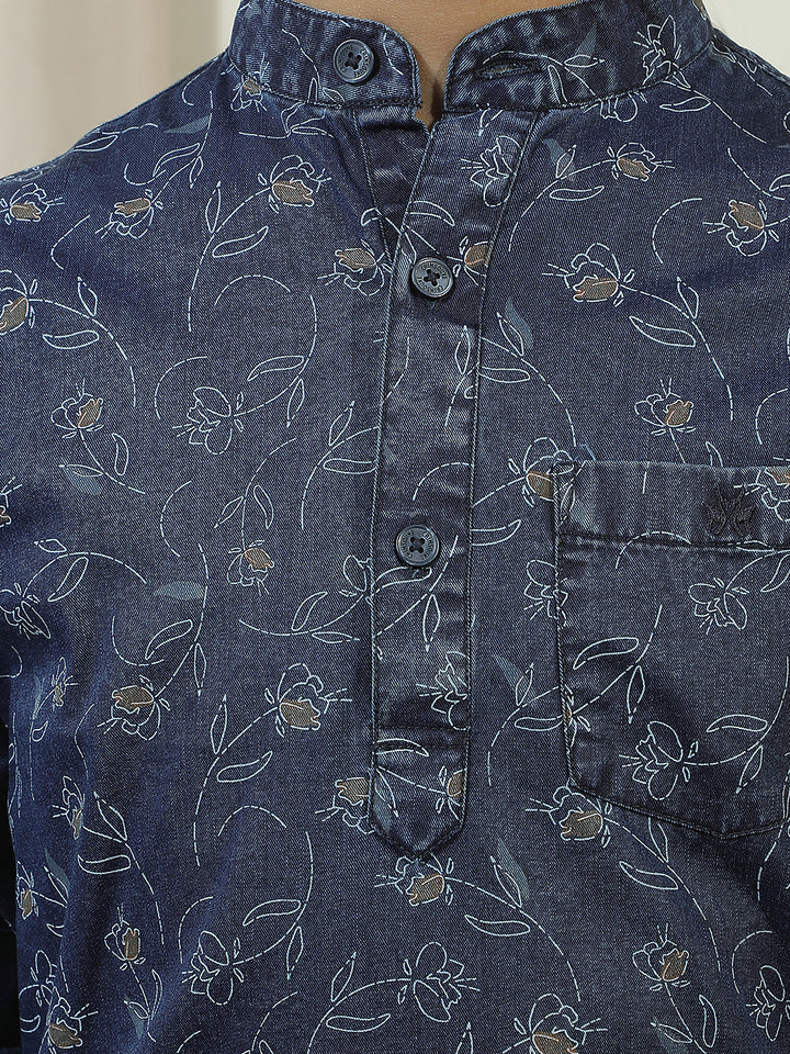 Navy Blue 100% Cotton Graphic Print Mandarin Neck Kurta