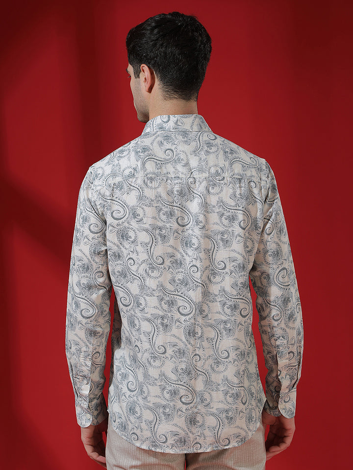 Blue Floral Print Linen Kurta