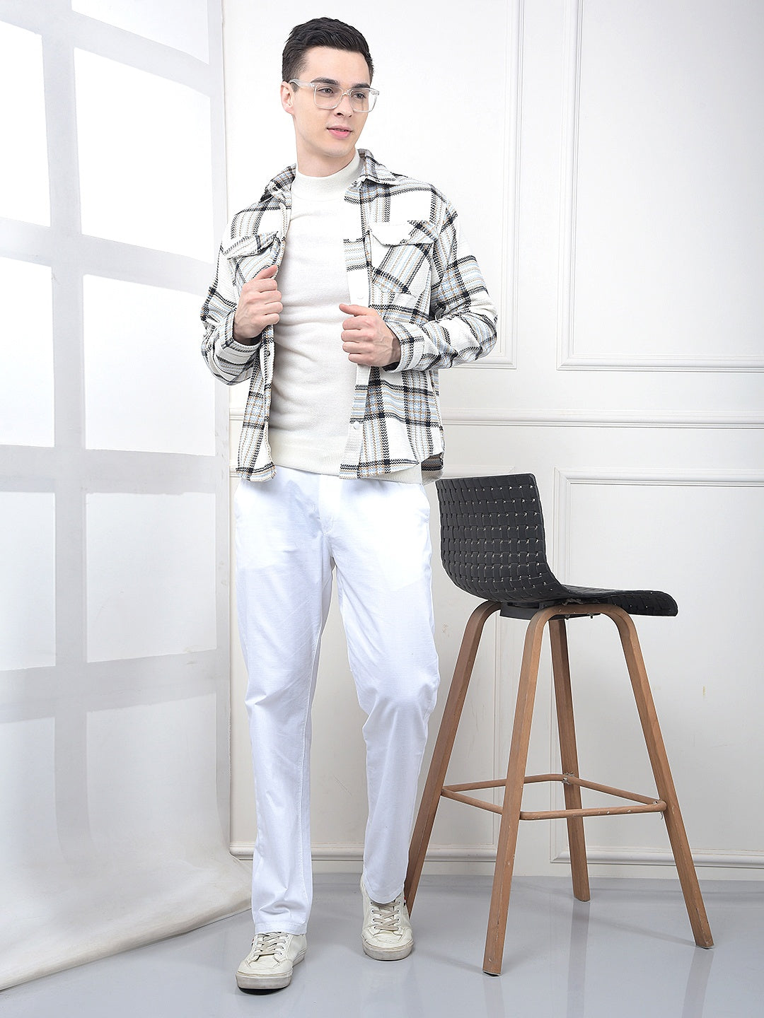 White Checked Knitted Shacket