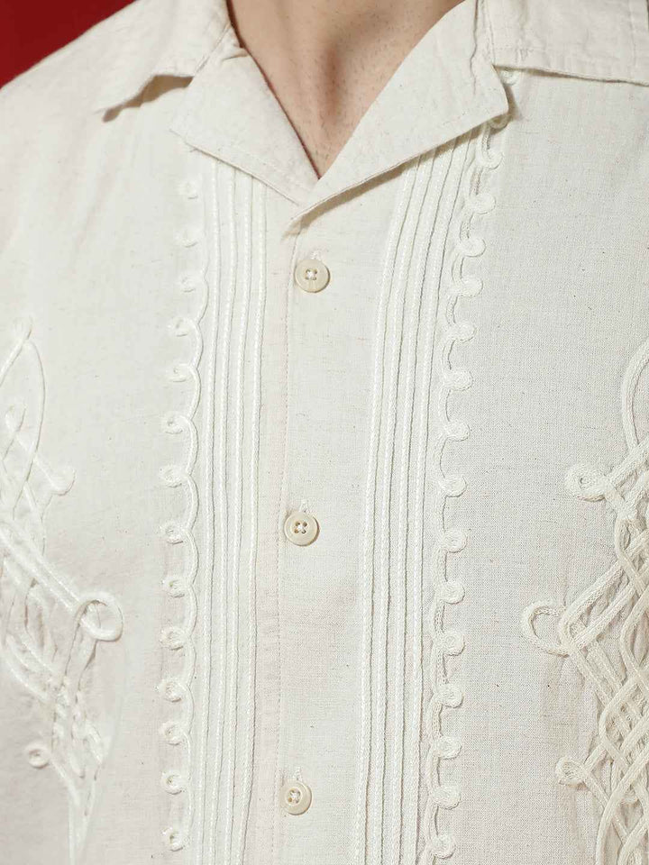 Beige Embroidered Resort-Collar Linen Shirt