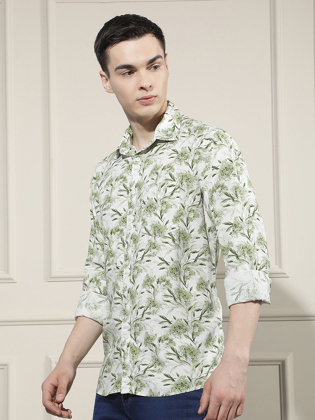 Green Floral Print Linen Shirt