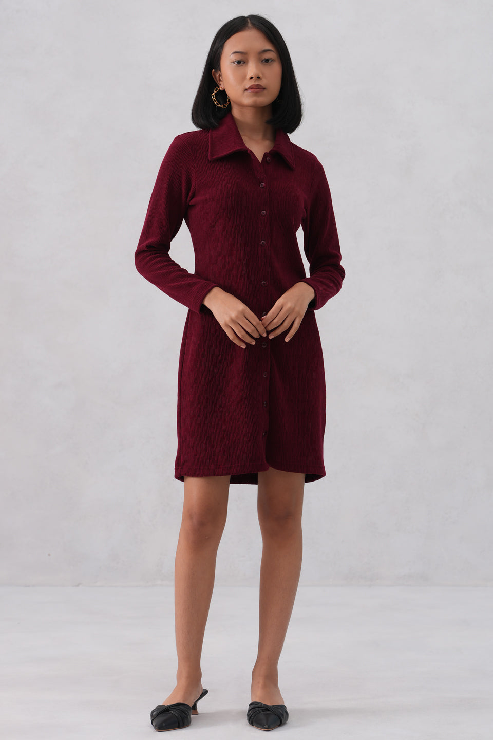 Maroon Textured Winter Mini Shirt-Dress