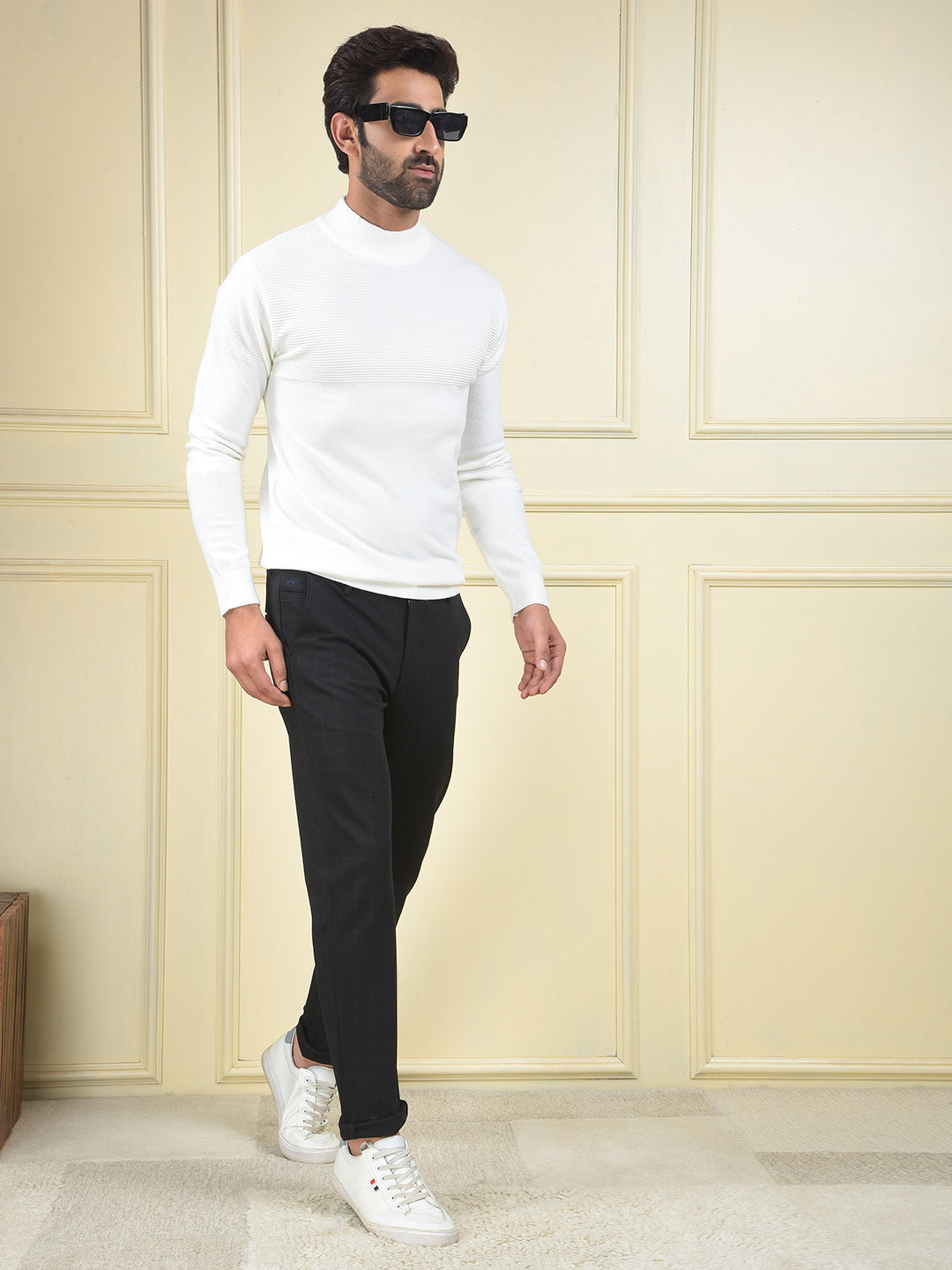 Navy Blue Checked Knitted Trousers