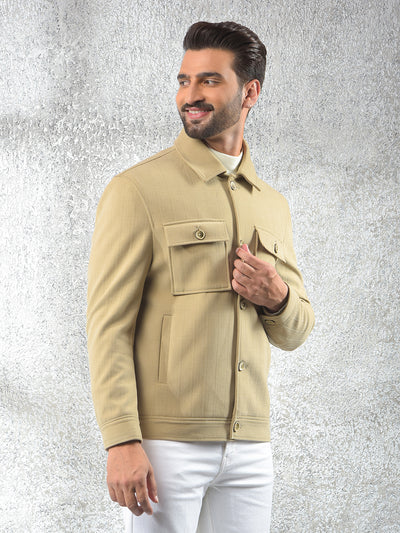 Beige Vertical Stripes Double Front-Pocket Shacket