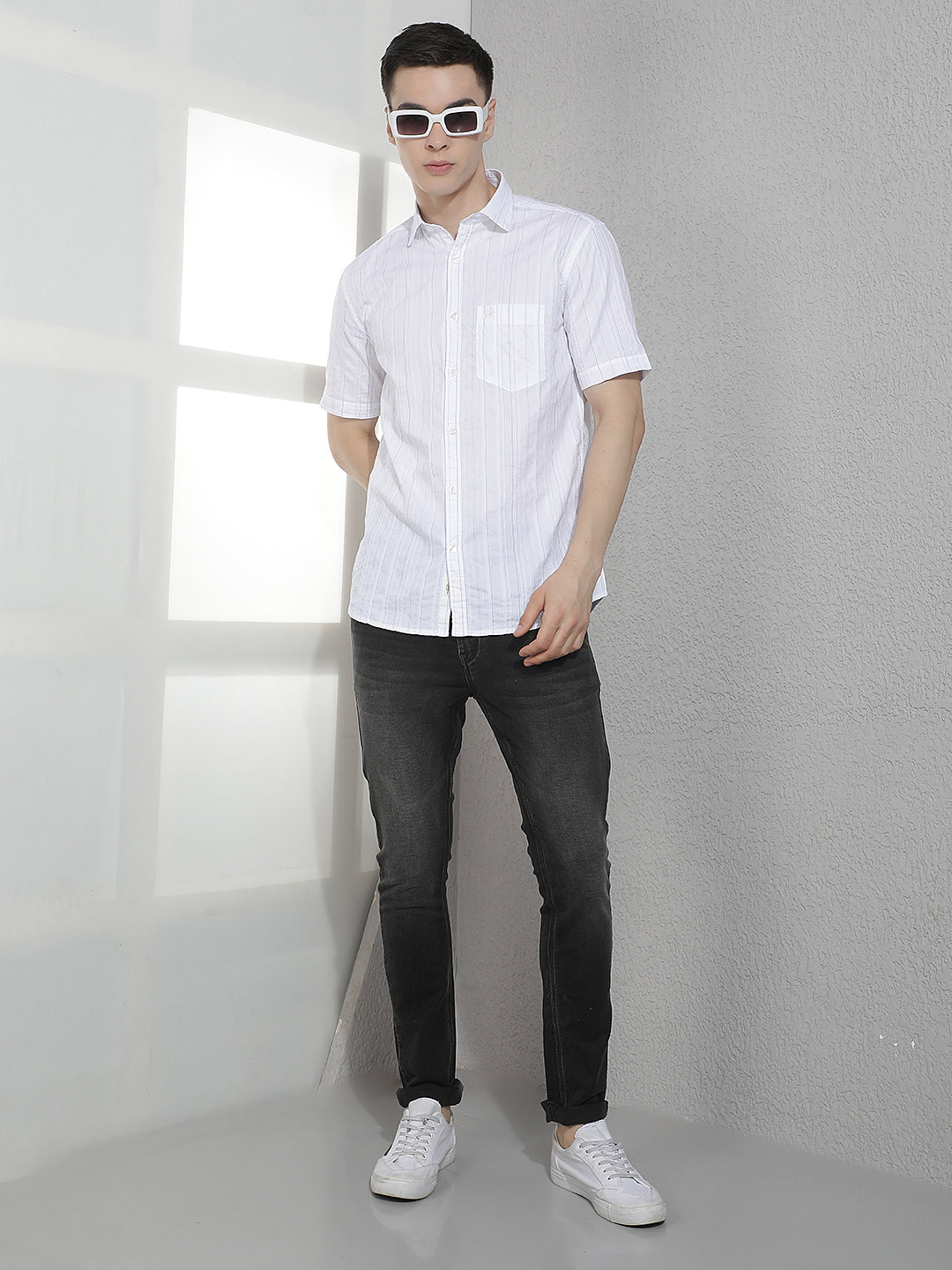 White Horizontal Stripes 100% Cotton Shirt