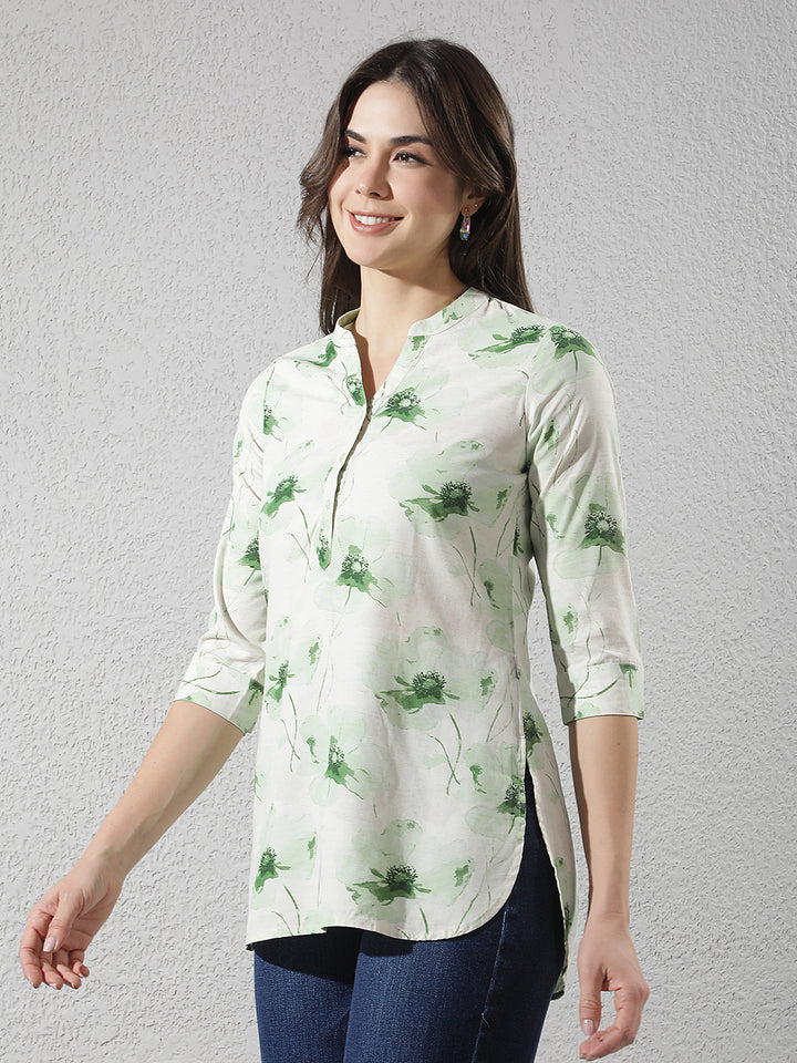 Linen Green Floral Printed V-Neck Top