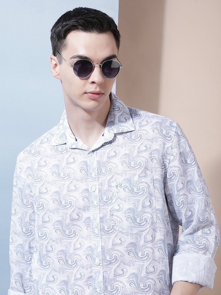 Linen Blue Abstract Print Shirt