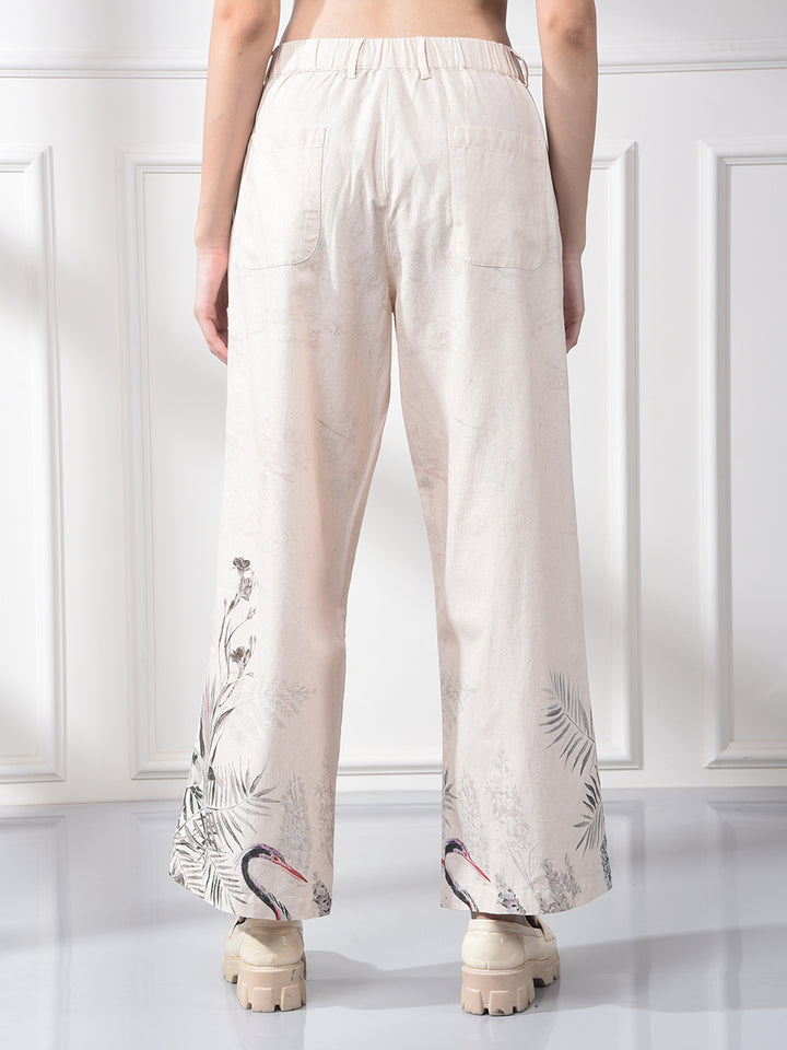 Peach Floral Print Linen Straight Trousers