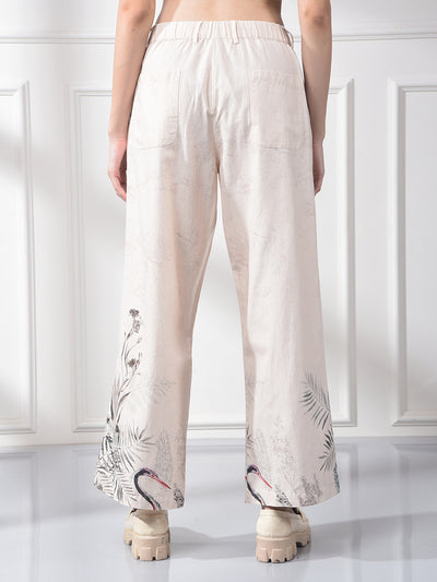 Peach Floral Print Linen Straight Trousers