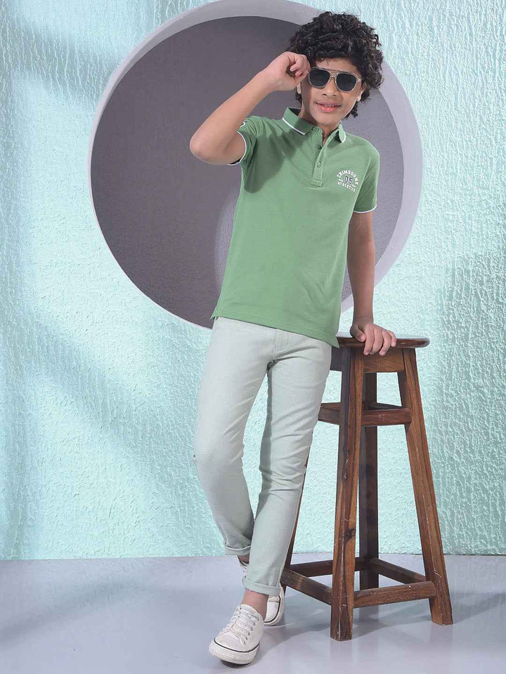 Green Typographic Print Polo Neck T-Shirt