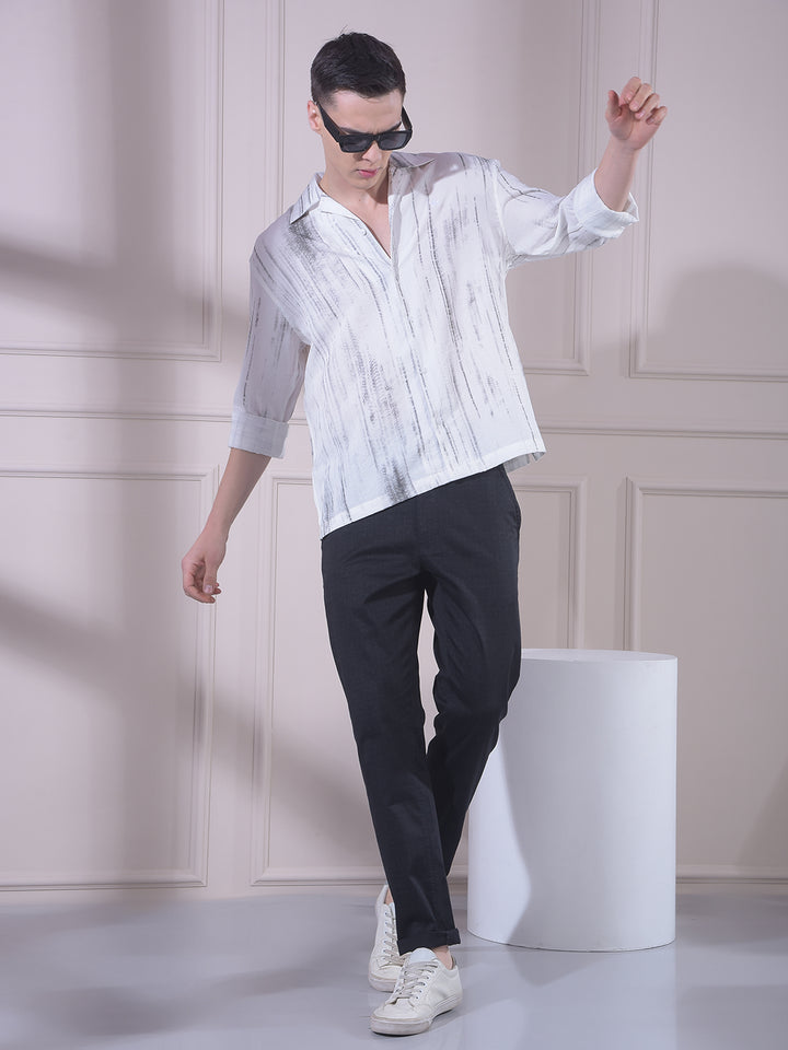 Grey Linen Printed Resort Collar Shirt