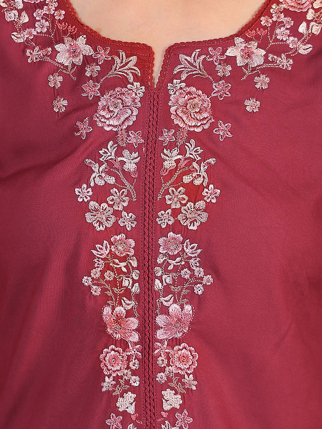 Maroon Embroidered Crew Neck Top