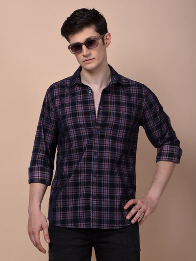 Navy Blue Checked 100% Cotton Corduroy Shirt
