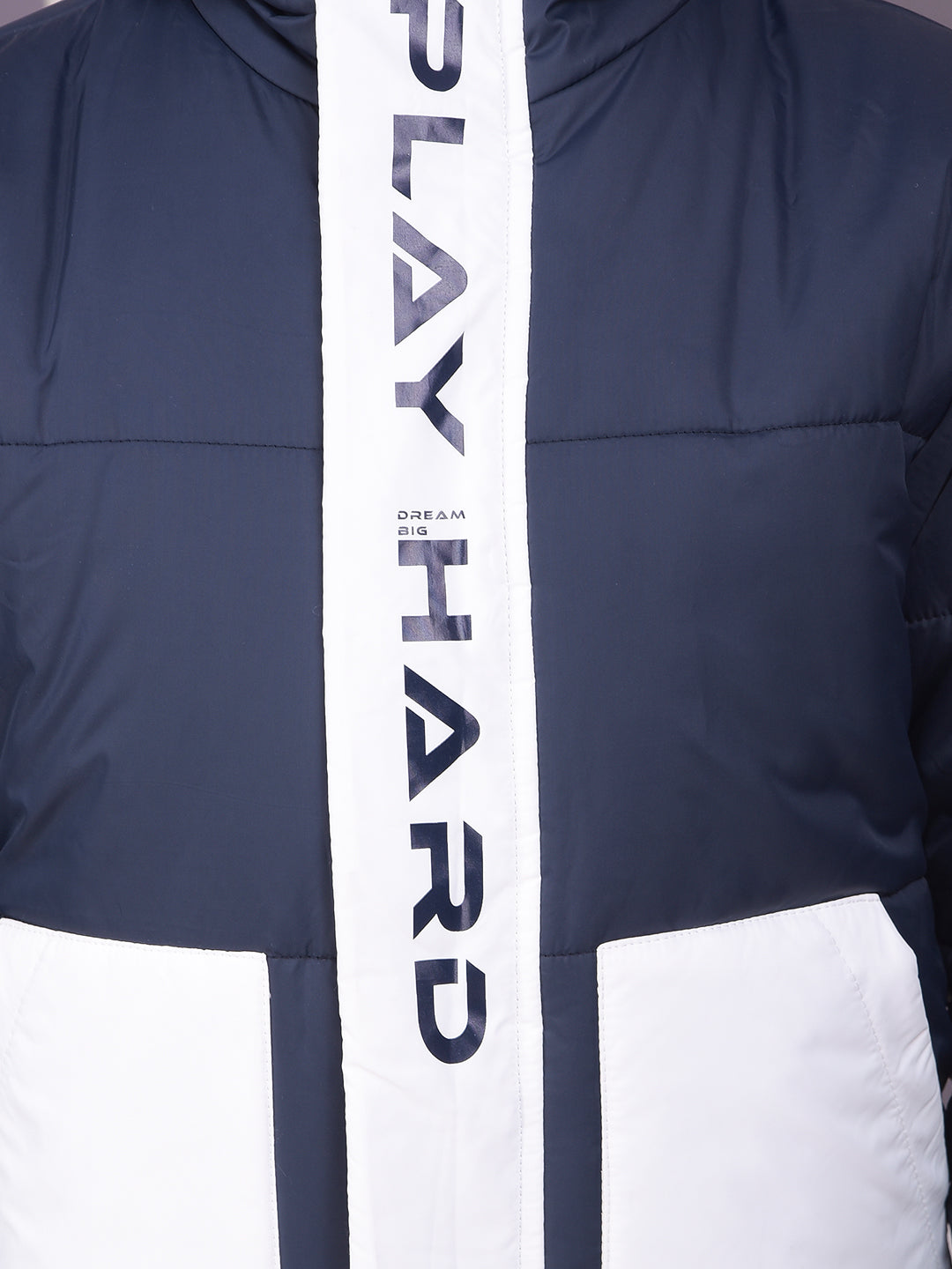 Navy Blue Color-Block Hooded Neck Puffer Jacket