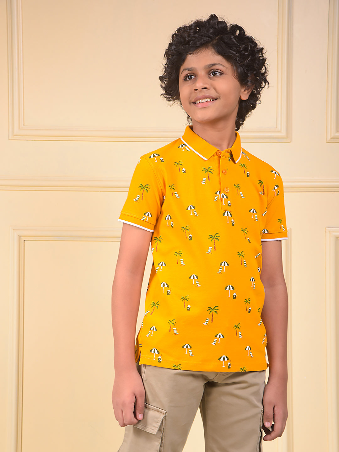 Mustard Floral Print Polo Neck T-Shirt