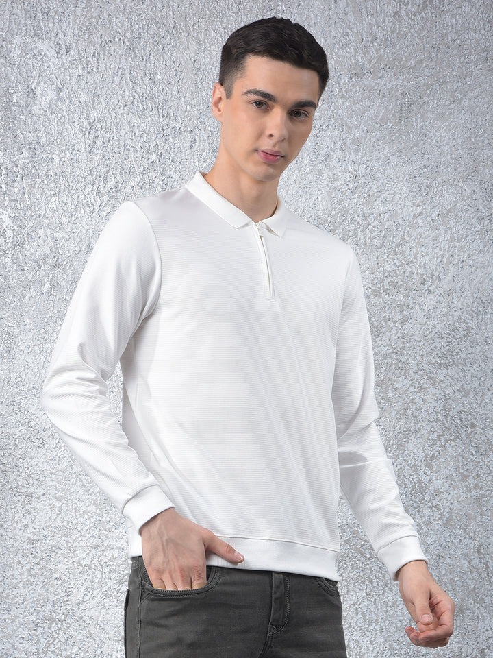 White Jacquard Polo Neck Knitted Sweatshirt