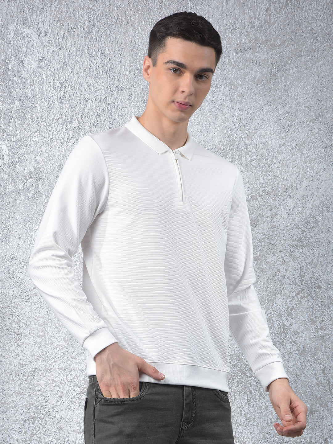 White Jacquard Polo Neck Knitted Sweatshirt
