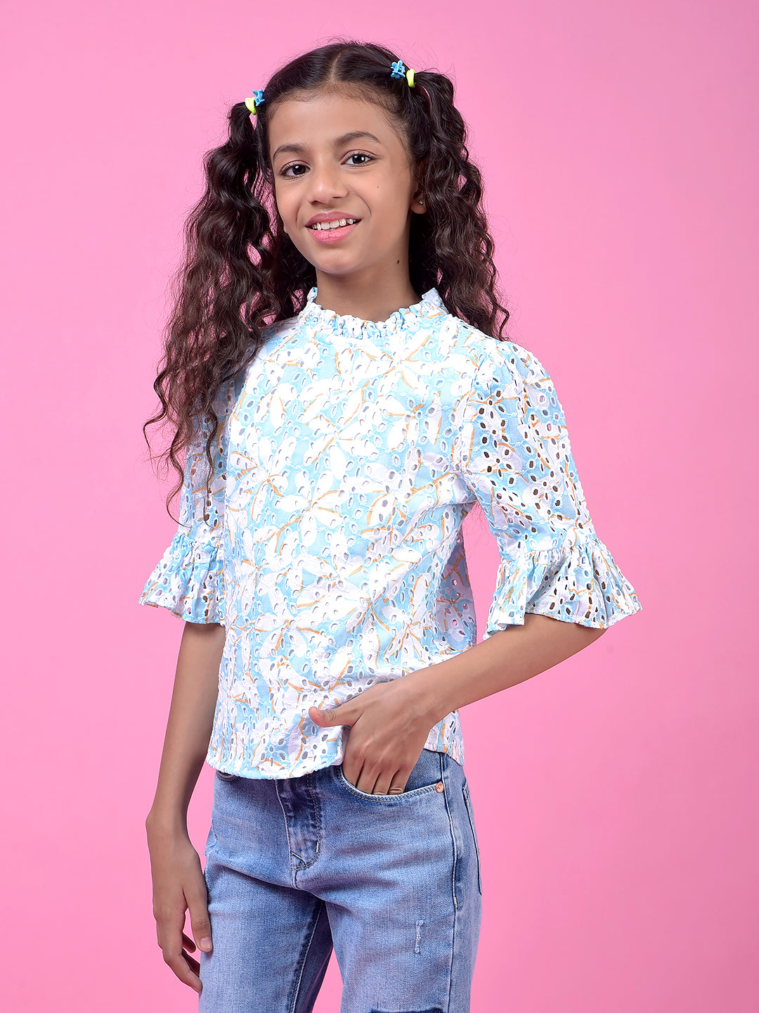 Blue Floral Print 100% Cotton Semi-Sheer Top