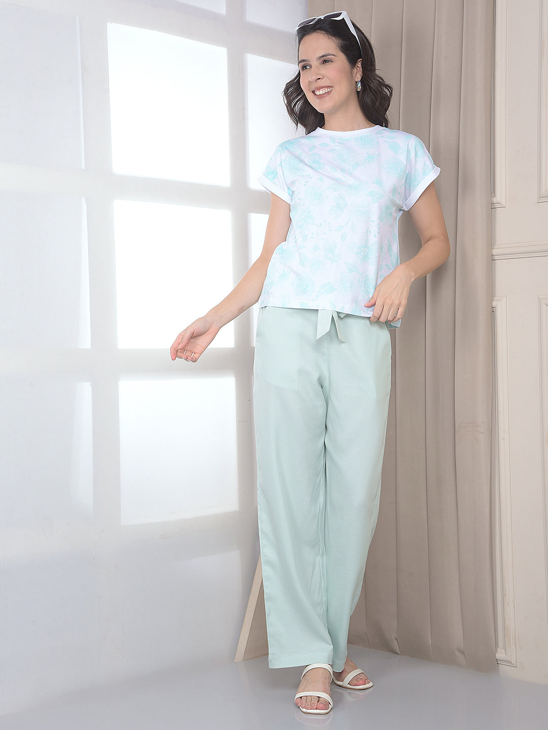 Green Wide Leg Casual Trousers With Belt