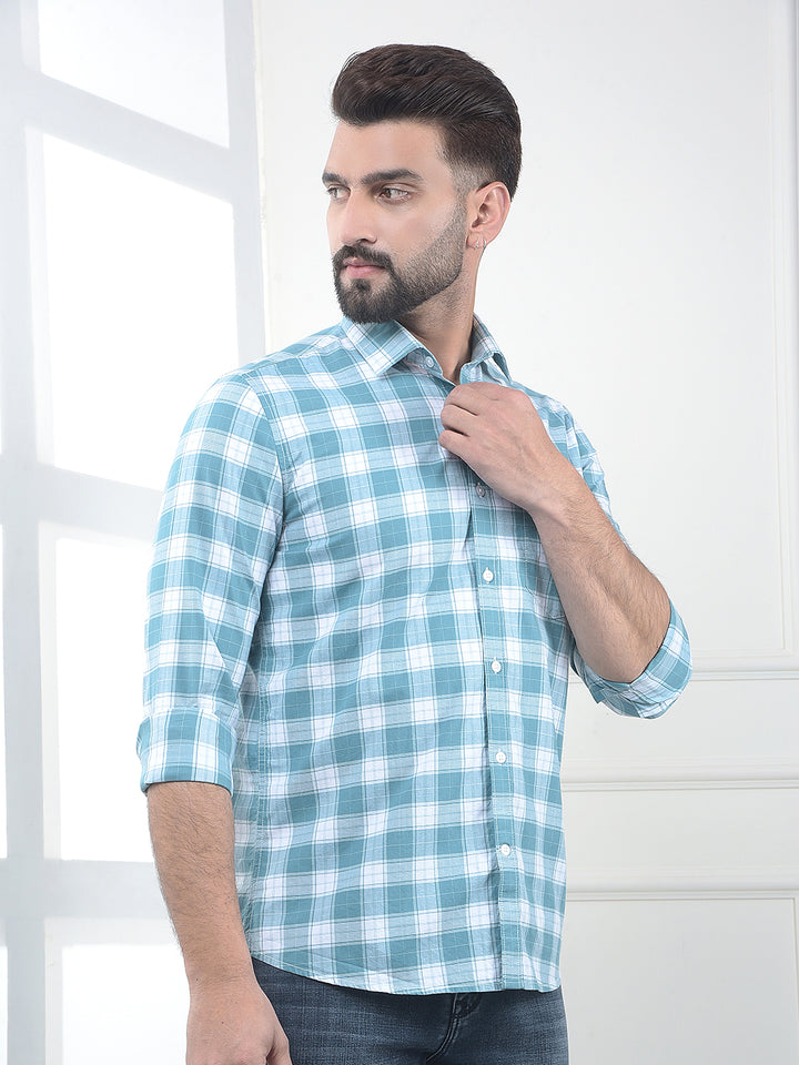 Umber Celeste Blue Checked 100% Cotton Shirt